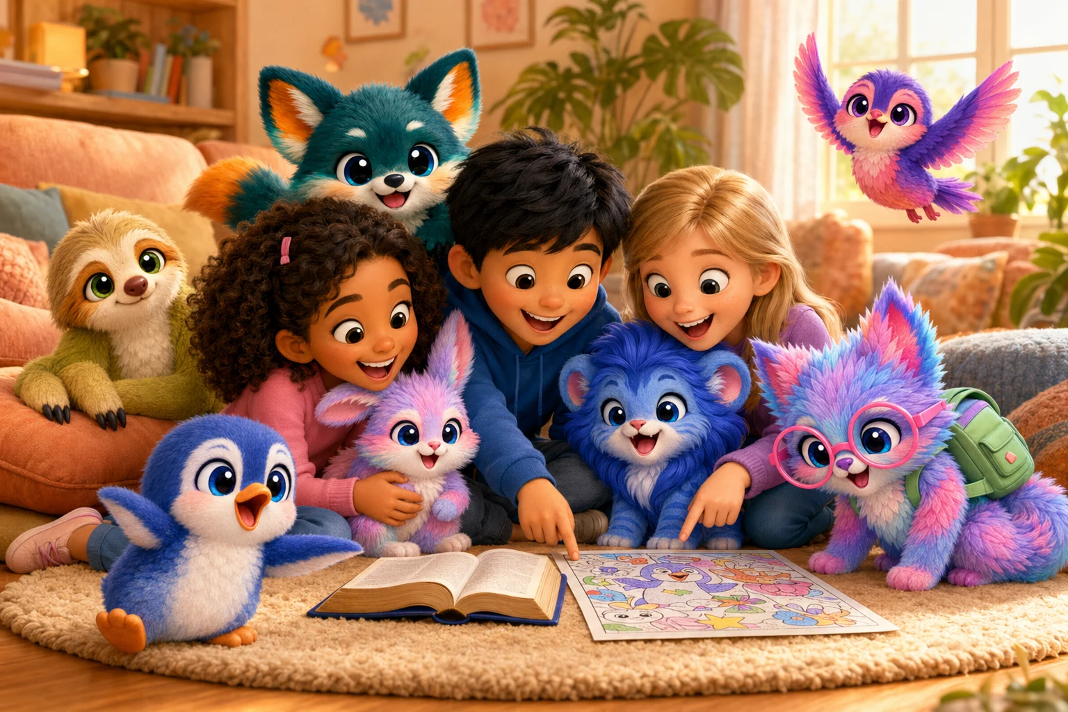 Children reading the Bible with the Lightkeepers — Finn the Penguin, Leo the Lion, Lila the Bunny, Noa the Sloth, Ollie the Fox, Scout the Cat, and Skye the Bird