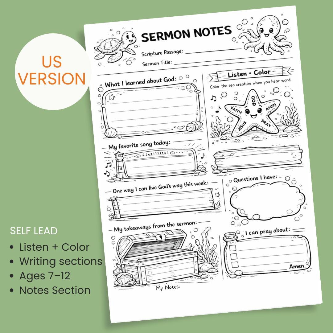 Kids Sermon Notes | Printable Church Notes | Faith Activity Christian Resource | Quiet Church Busy Activities |  Ocean Theme — Bible Study Notes Template For Kids 1