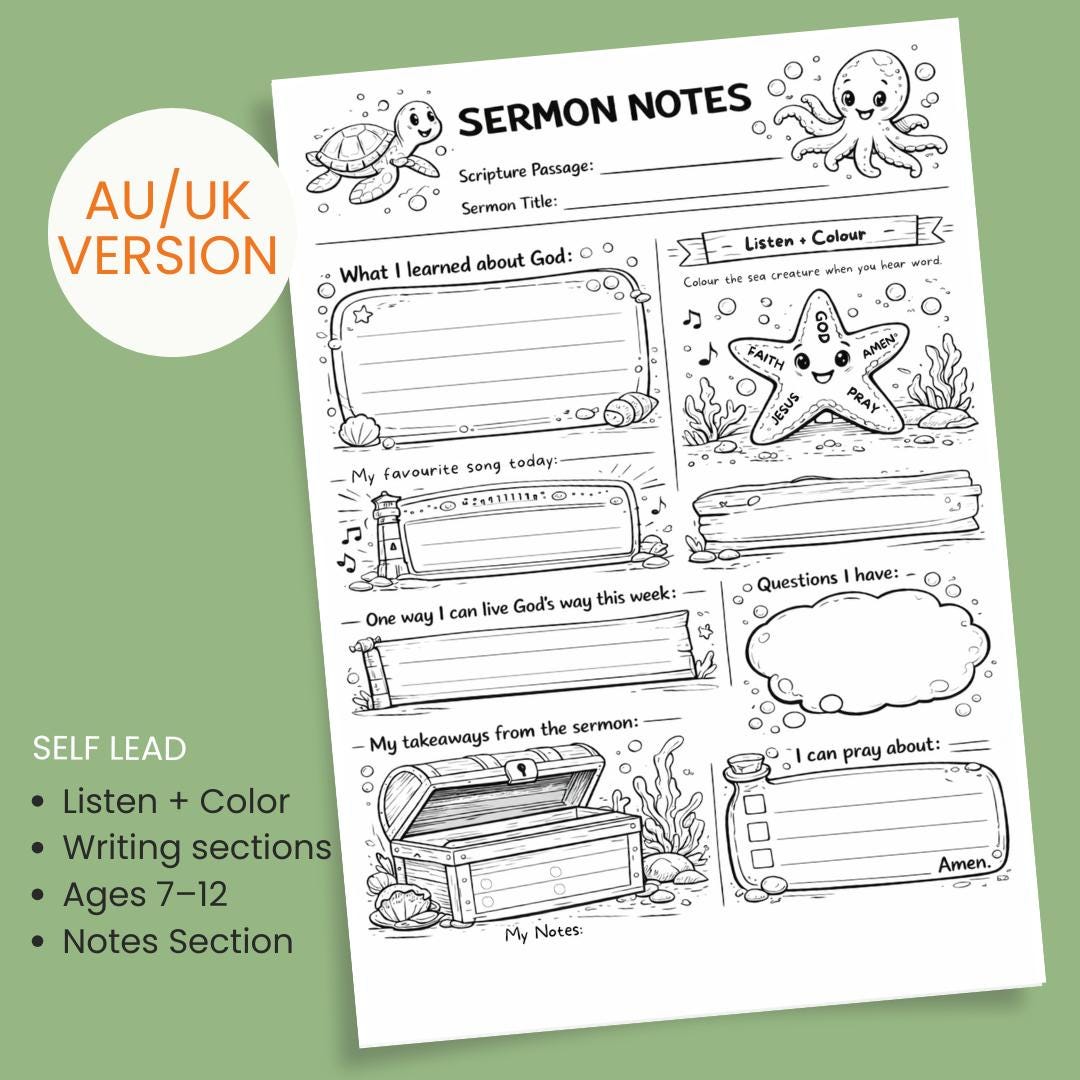 Kids Sermon Notes | Printable Church Notes | Faith Activity Christian Resource | Quiet Church Busy Activities |  Ocean Theme — Bible Study Notes Template For Kids 2