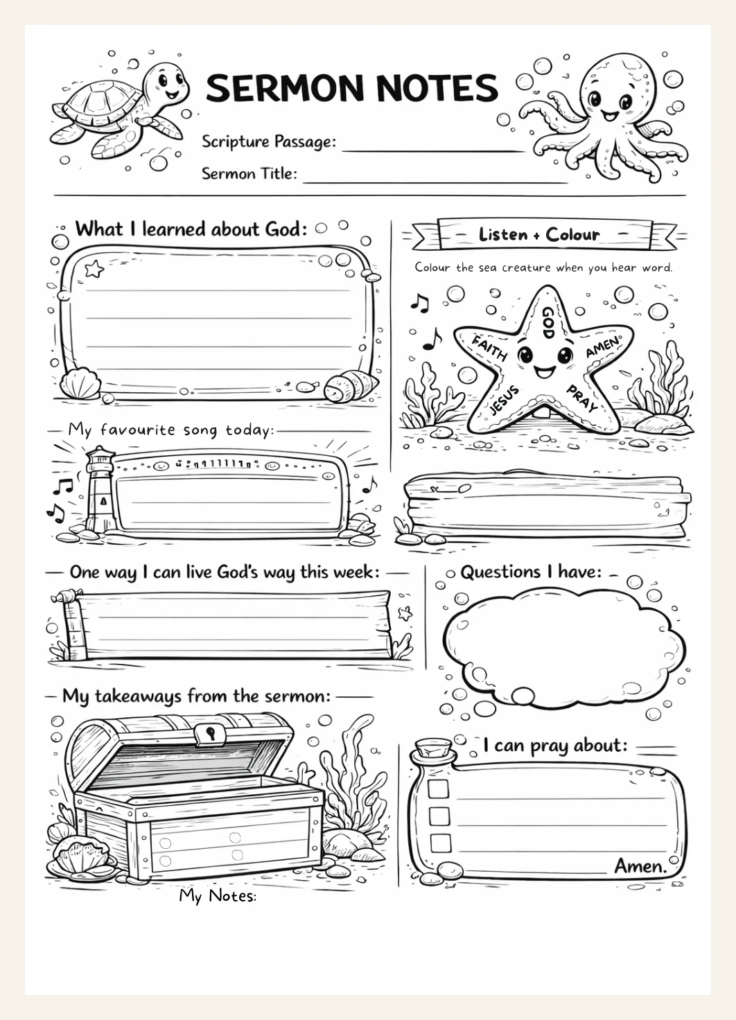 Kids Sermon Notes | Printable Church Notes | Faith Activity Christian Resource | Quiet Church Busy Activities |  Ocean Theme — Preview page 1