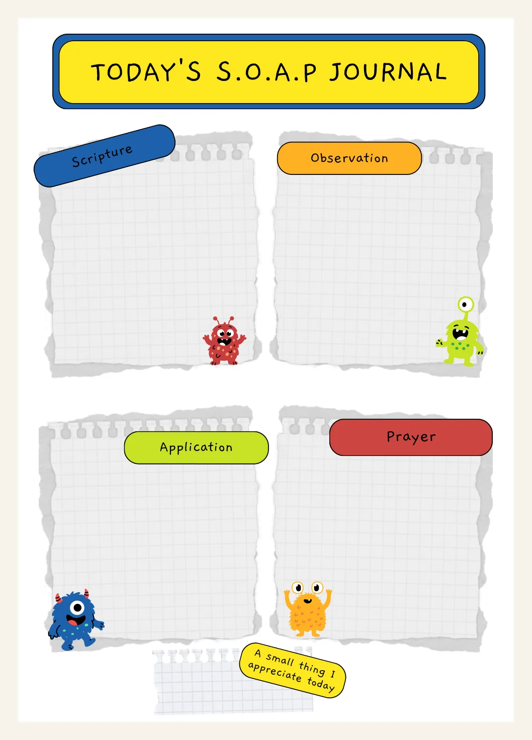 Bible Study Template S.O.A.P Method (Monster Theme) Printable PDF Download — Preview page 1