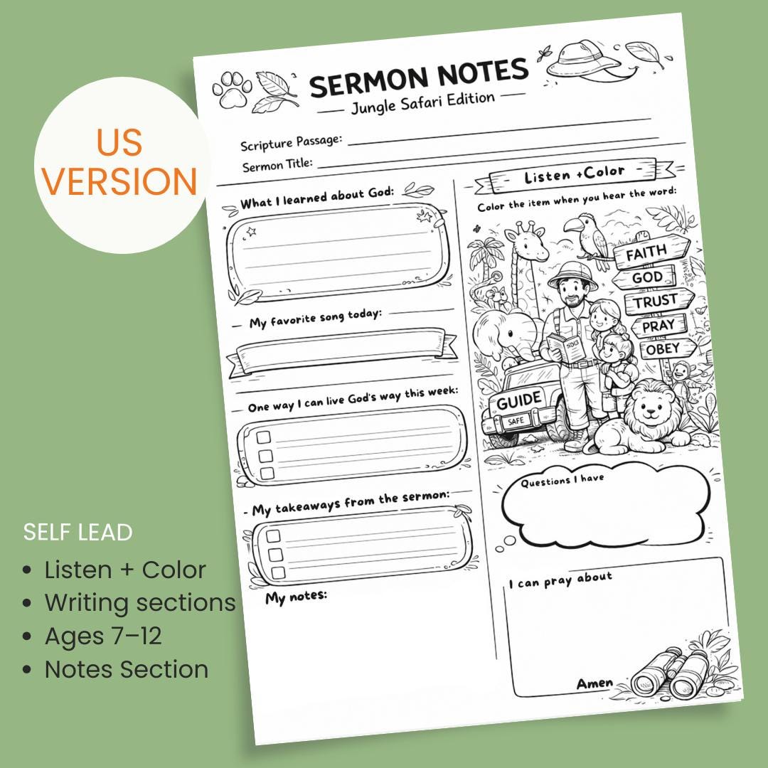 Children's Sermon Notes Printable | Church Activity Coloring Pages | Jungle Safari Edition (PDF Download) — Childrens Sermon Notes Printable Church 1
