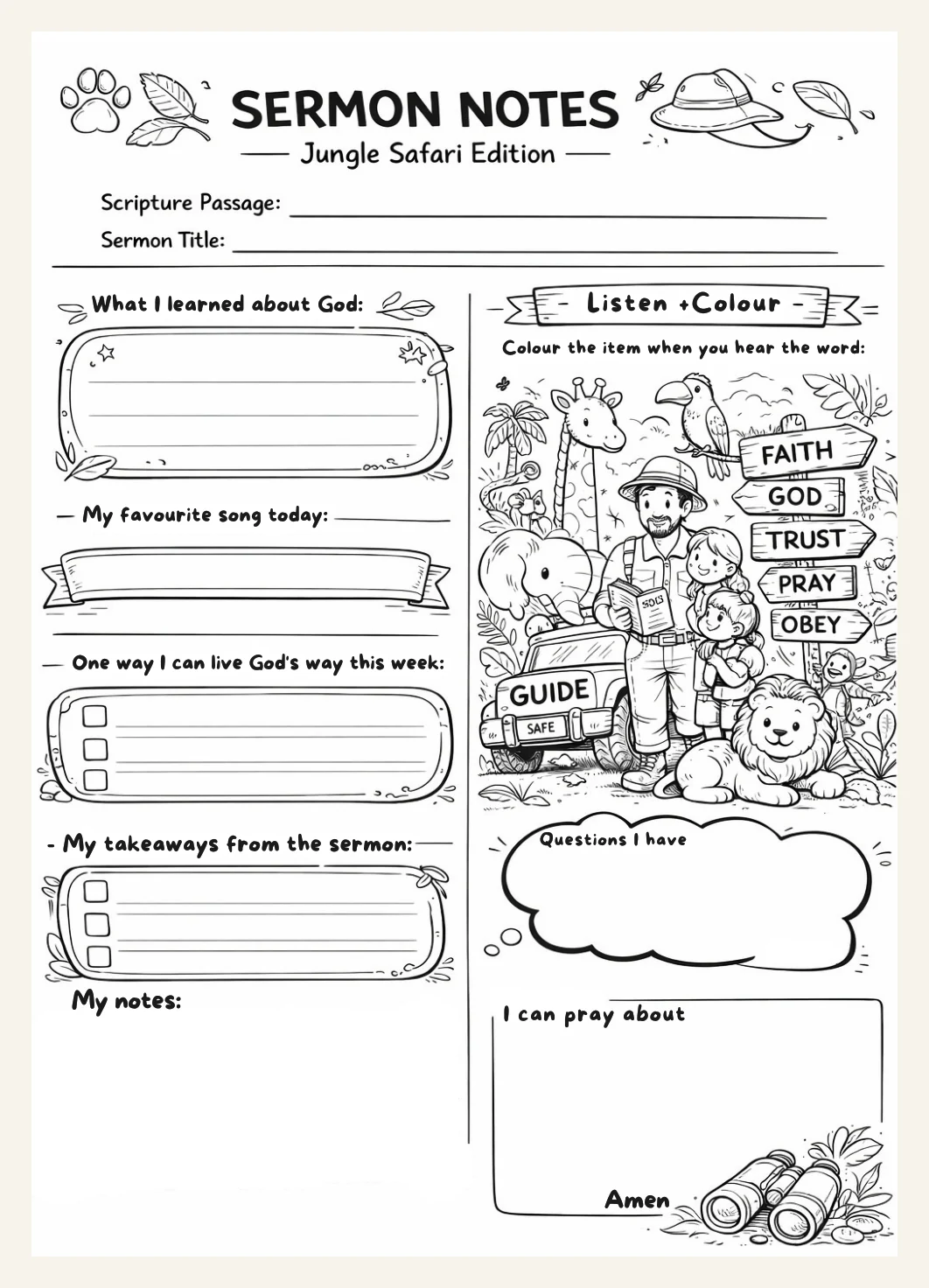 Children's Sermon Notes Printable | Church Activity Coloring Pages | Jungle Safari Edition (PDF Download) — Preview page 2
