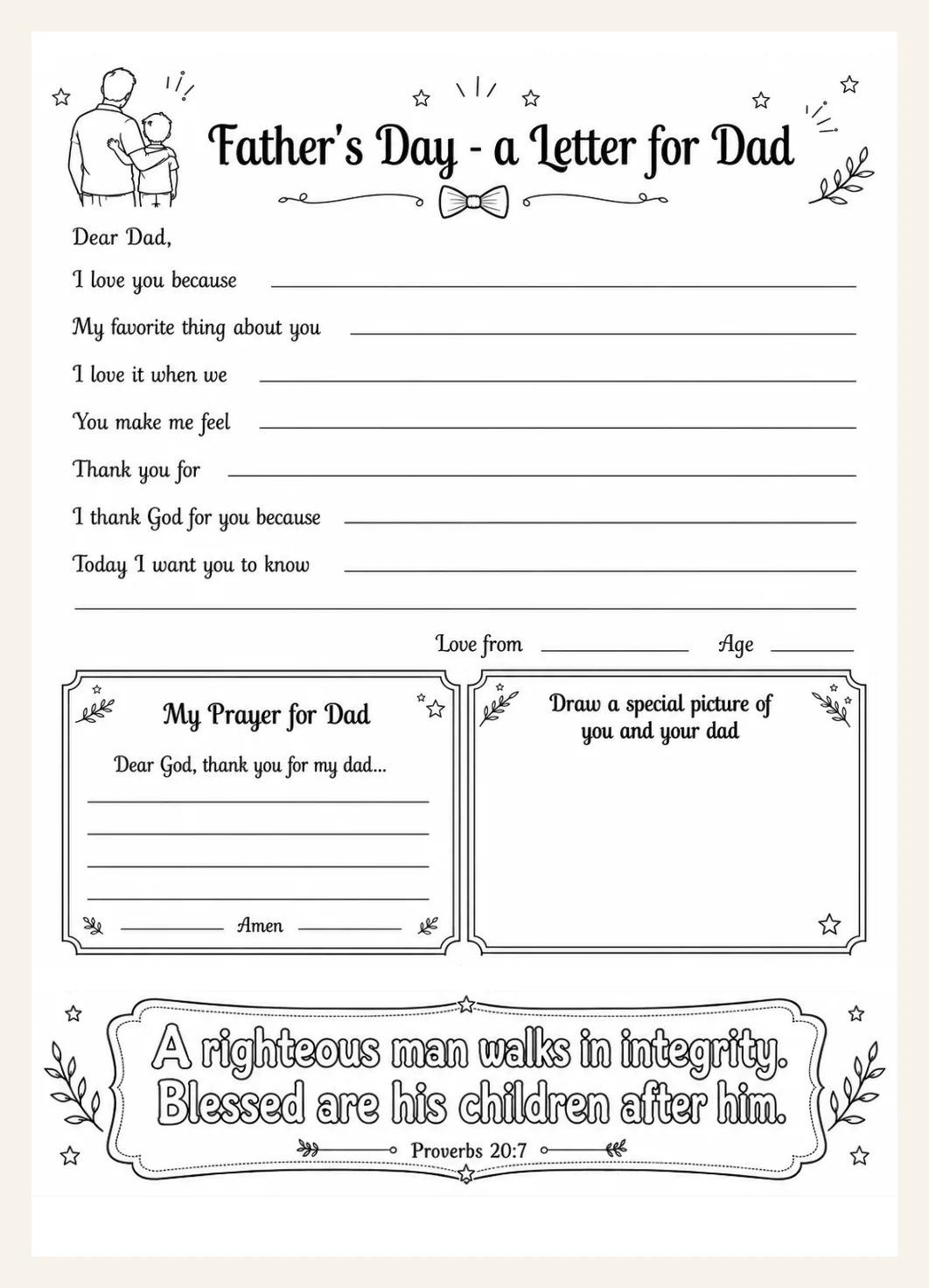 Christian Father's Day Letter, Bible Verse Coloring Page, Kids Prayer Worksheet (PDF) — Preview page 2