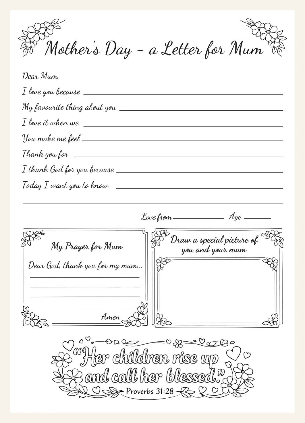 Christian Mother's Day Letter Printable for Kids | Proverbs 31:28 (Digital Download) — Preview page 2