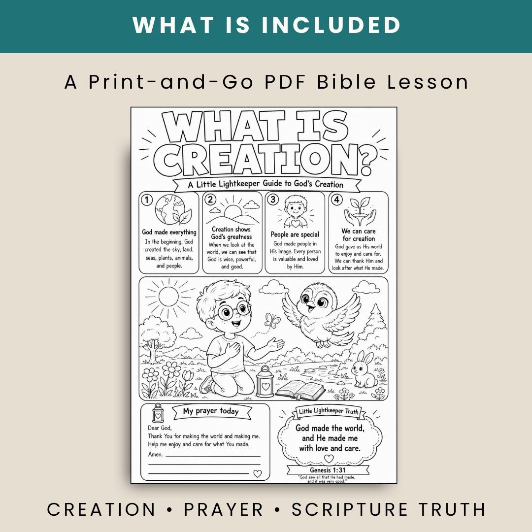 Creation Bible Worksheet, Genesis 1 Activity, Kids Sunday School Coloring (PDF Download) — Days Of Creation Bible Worksheet For 1