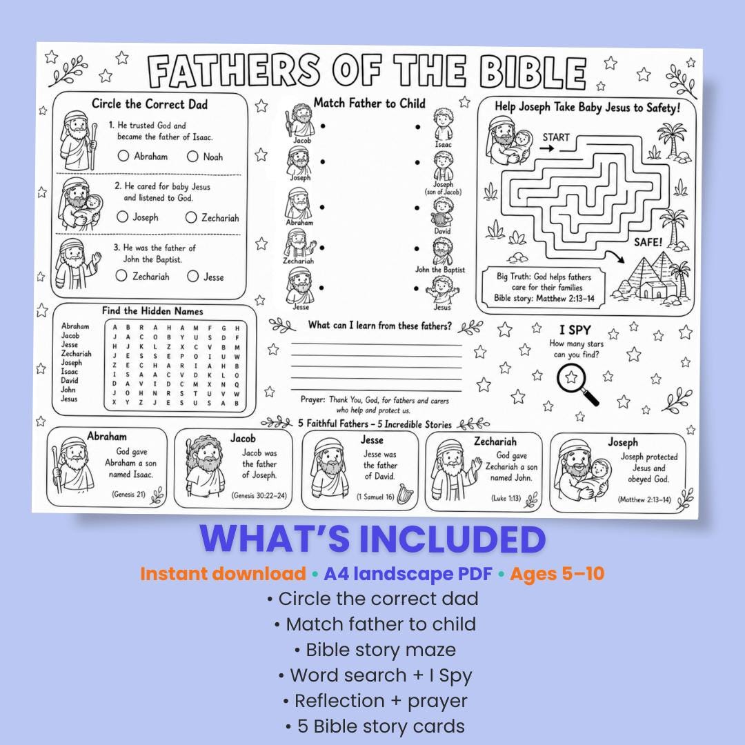 Fathers Day Bible Activity Placemat for Kids | Bible Study Printables | Sunday School Crafts — Fathers Day Bible Activity Placemat For 1