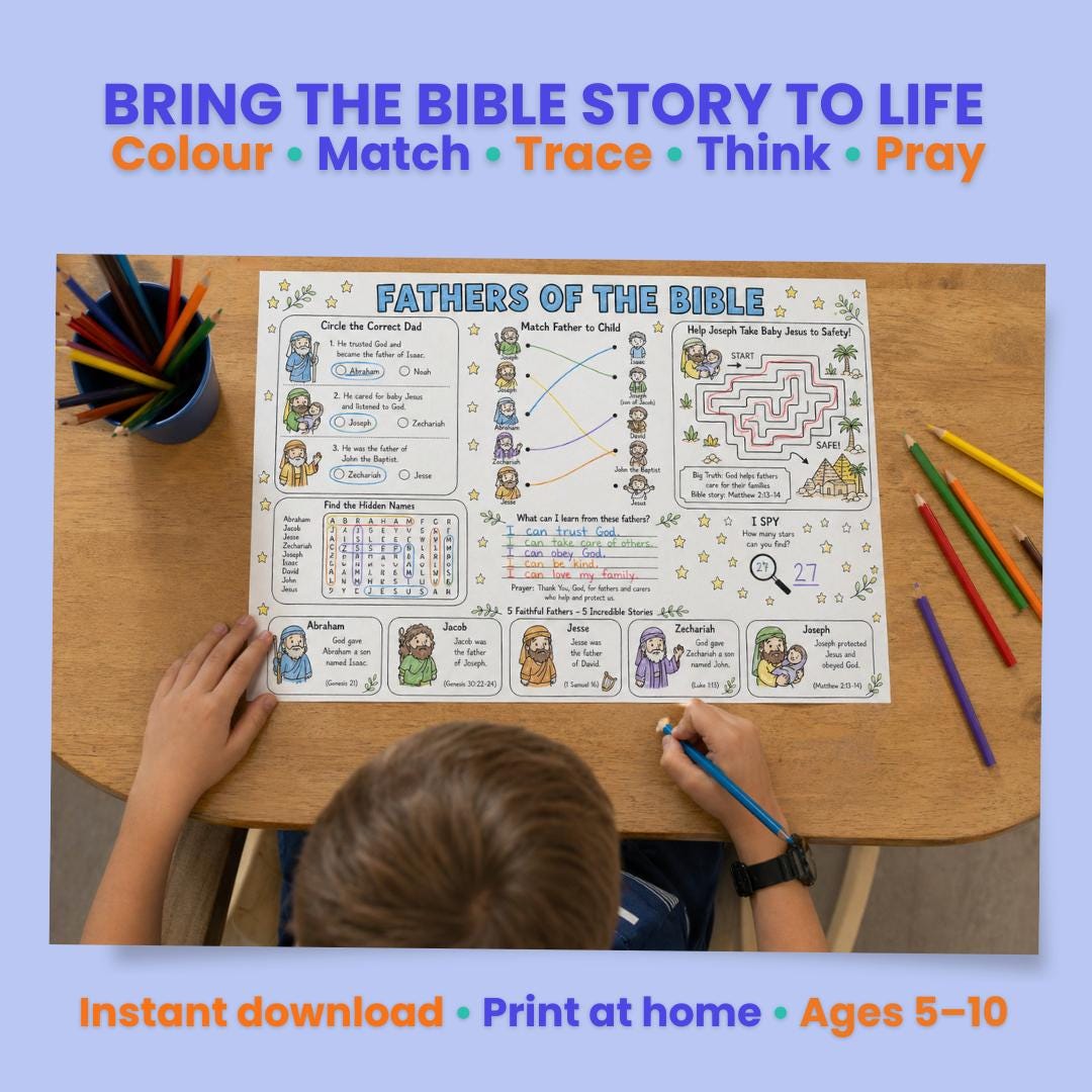 Fathers Day Bible Activity Placemat for Kids | Bible Study Printables | Sunday School Crafts — Fathers Day Bible Activity Placemat For 2