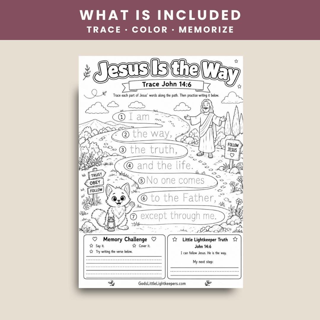 John 14:6 Trace and Color Bible Verse Worksheet | Scripture Memory Activity (Digital Download) — John 146 Trace And Color Bible Verse 1