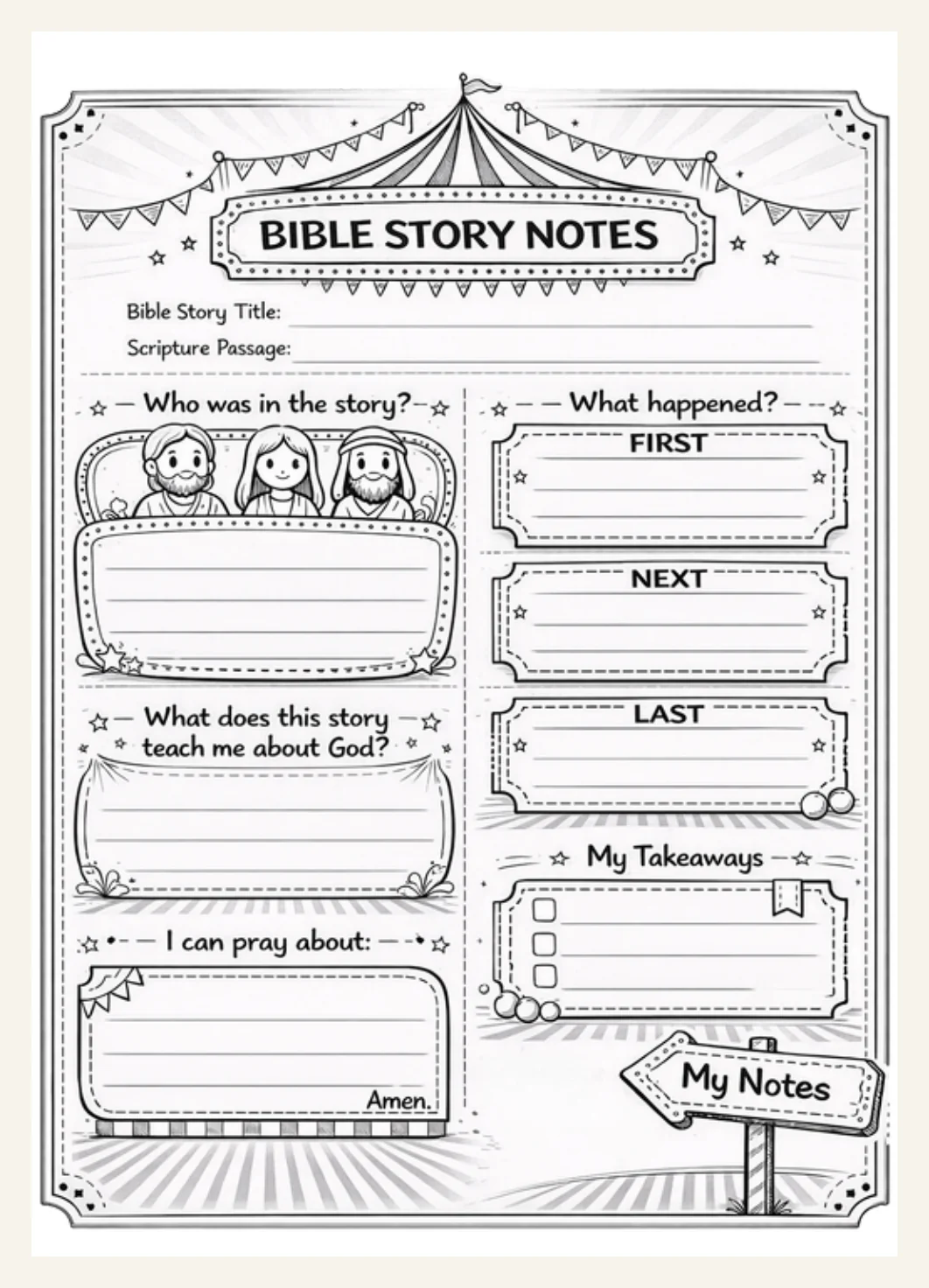 Kids Bible Story Notes Worksheet | Circus Themed Sermon Activity (Digital Download) — Preview page 2