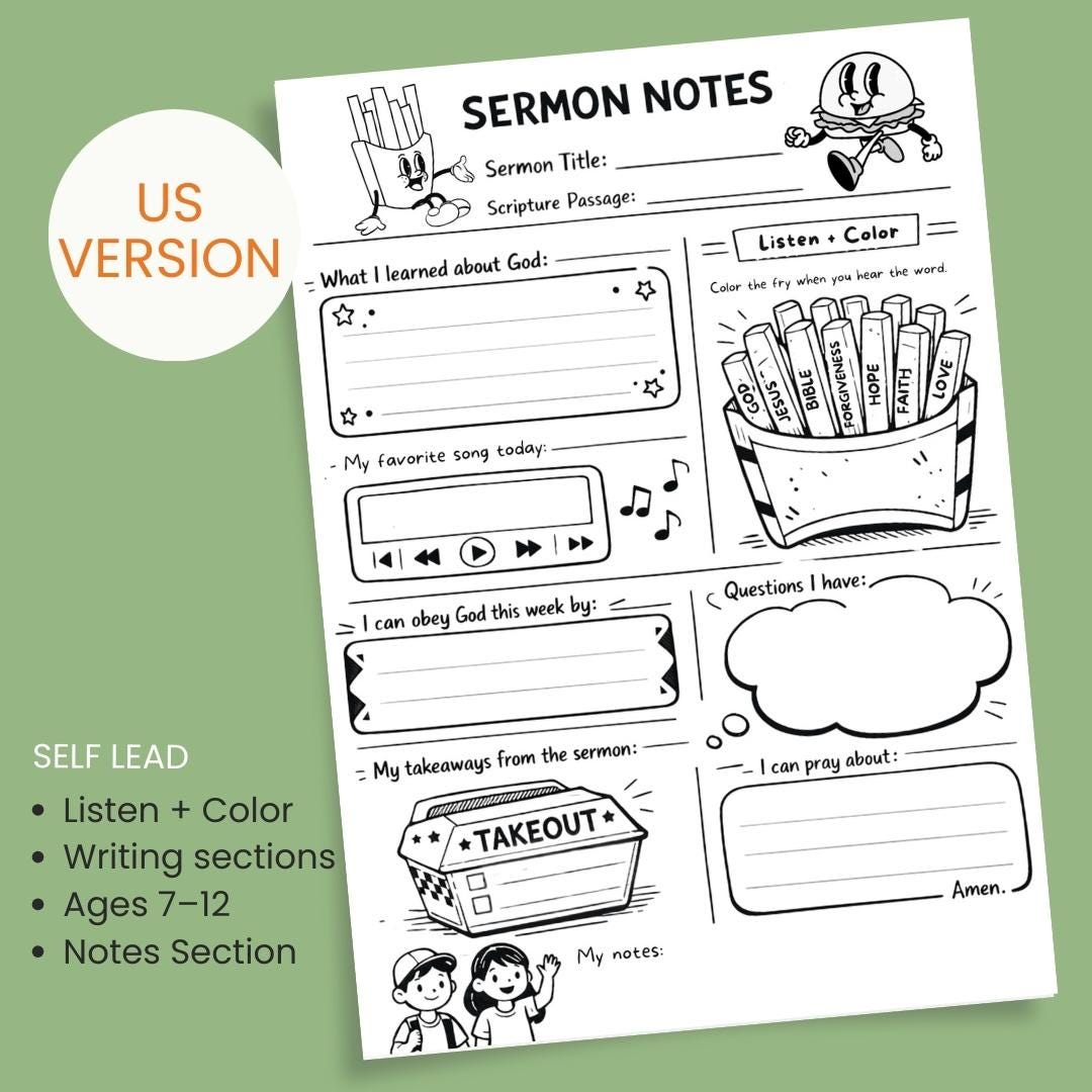 Kids Sermon Notes Printable Kids Church Notes Faith Activity Christian Resource | Fast Food Theme (PDF) — Kids Church Worksheet Bible Study Notes 1