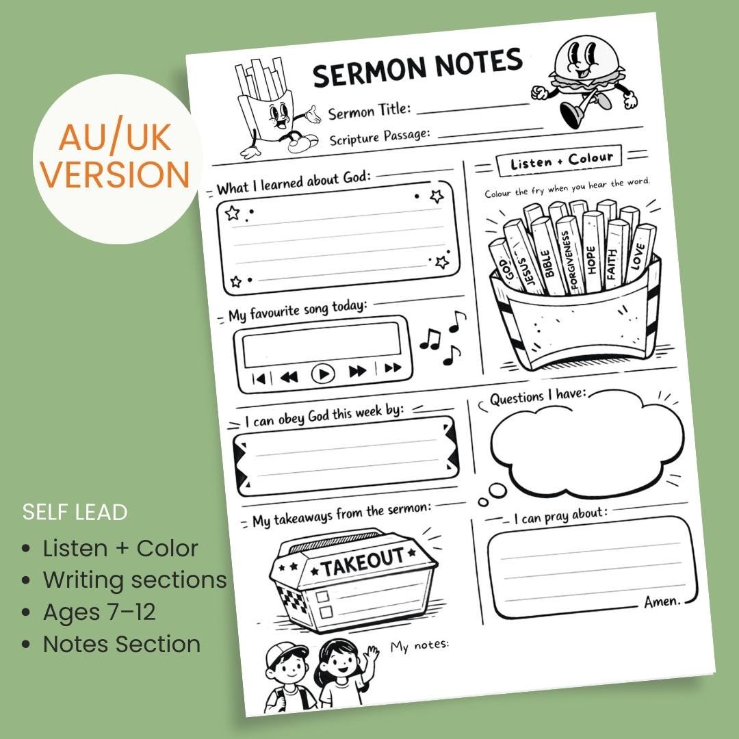 Kids Sermon Notes Printable Kids Church Notes Faith Activity Christian Resource | Fast Food Theme (PDF) — Kids Church Worksheet Bible Study Notes 2