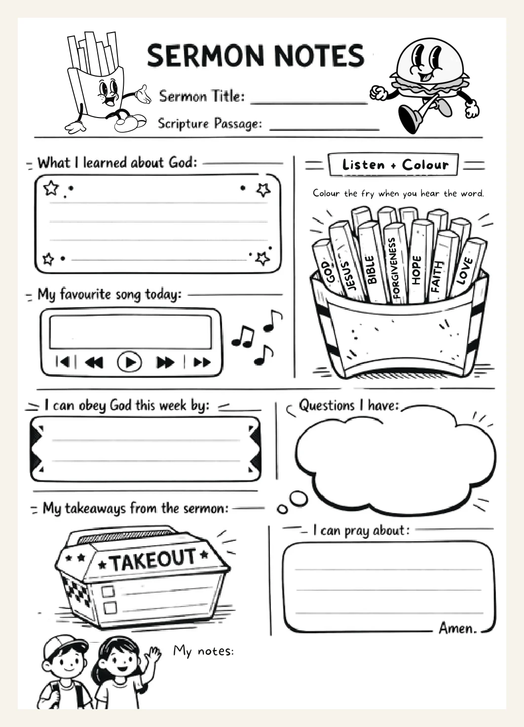 Kids Sermon Notes Printable Kids Church Notes Faith Activity Christian Resource | Fast Food Theme (PDF) — Preview page 1