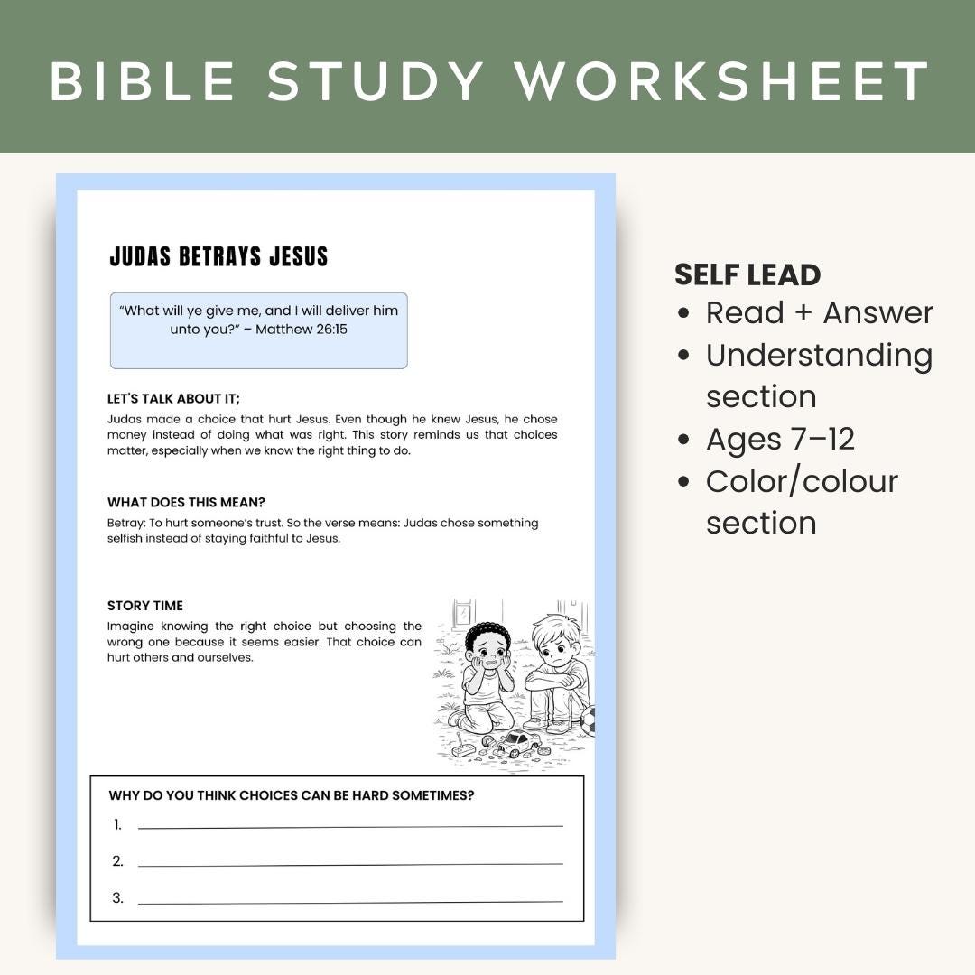 Kids Easter Bible Study Worksheet | Judas Betrays Jesus Holy Week Lesson | Printable SOAP Devotion and Prayer | Sunday School Homeschool PDF — Kids Easter Bible Study Worksheet Judas 1