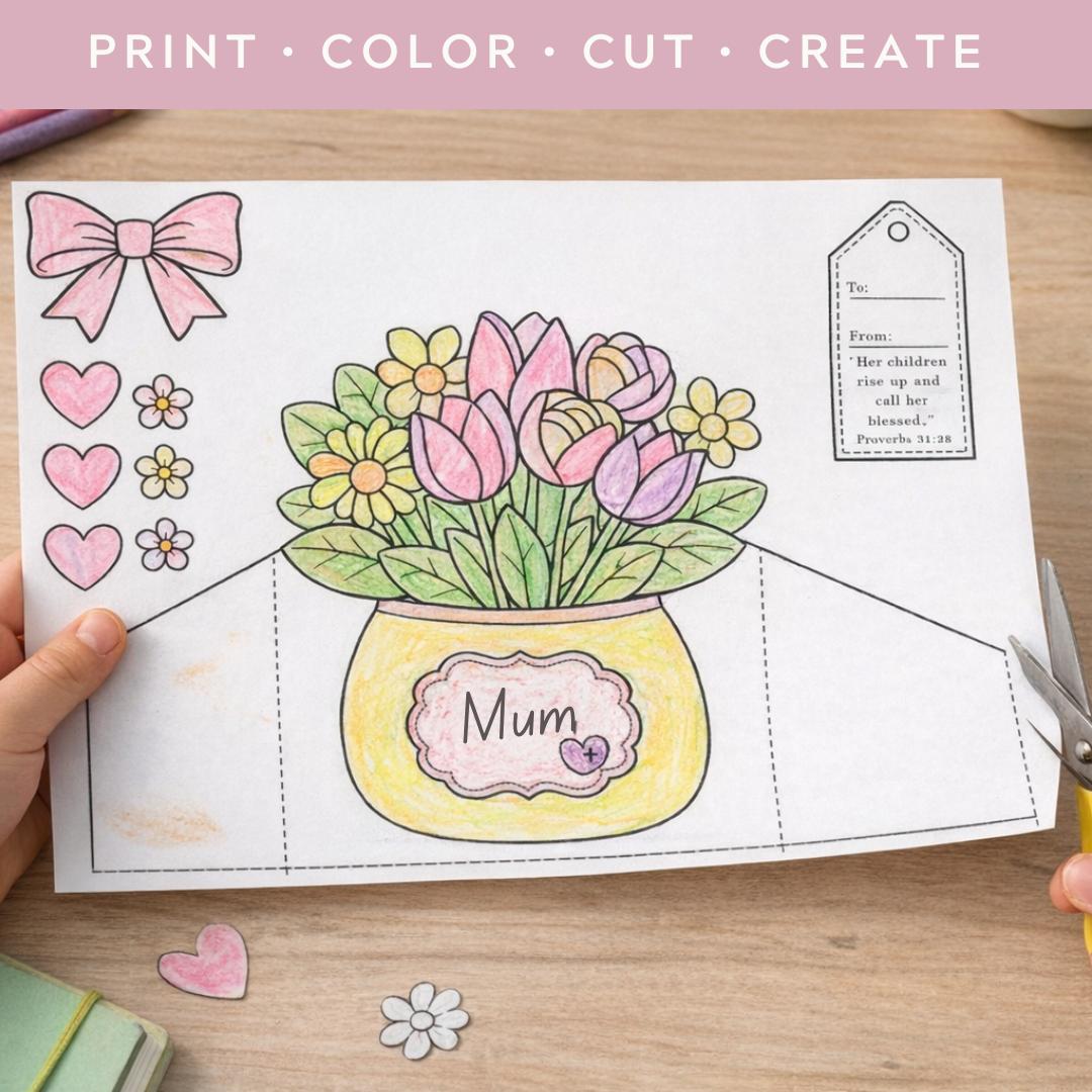 Kids Flower Bouquet Card Craft | Mother's Day Bible Verse Activity (Digital Download) — Kids Flower Bouquet Card Craft Mothers 1