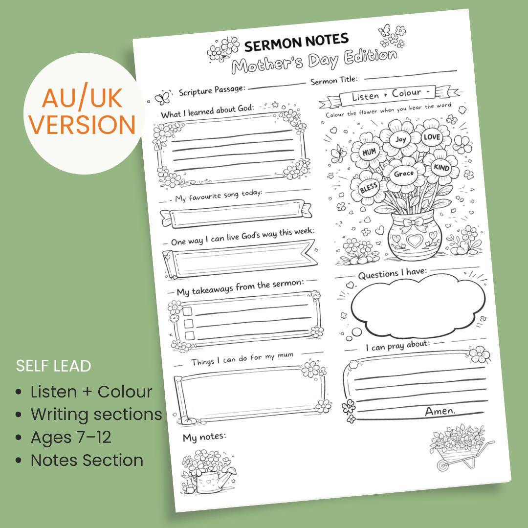 Kids Mothers Day Sermon Notes Worksheet | Christian Church Activity (PDF Download) — Kids Mothers Day Sermon Notes Worksheet 2