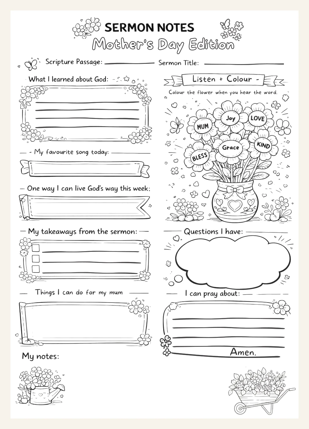 Kids Mothers Day Sermon Notes Worksheet | Christian Church Activity (PDF Download) — Kids Mothers Day Sermon Notes Worksheet Actual Buyer Preview 3