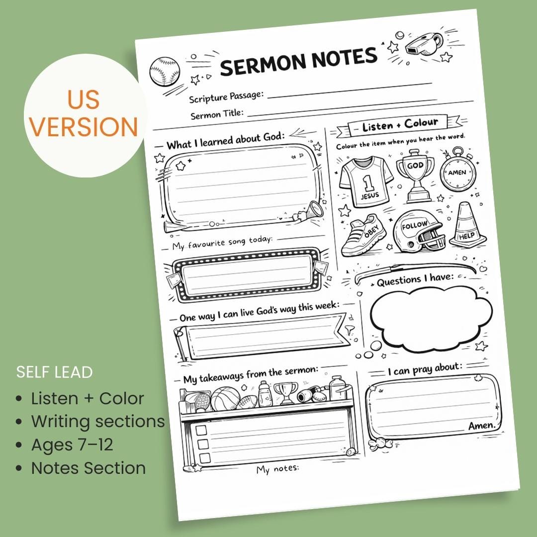 Kids Sermon Notes Worksheet | Sports Theme Bible Activity (PDF Download) — Kids Sermon Notes Worksheet Bible Study 1