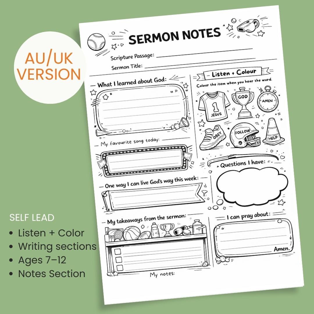 Kids Sermon Notes Worksheet | Sports Theme Bible Activity (PDF Download) — Kids Sermon Notes Worksheet Bible Study 2