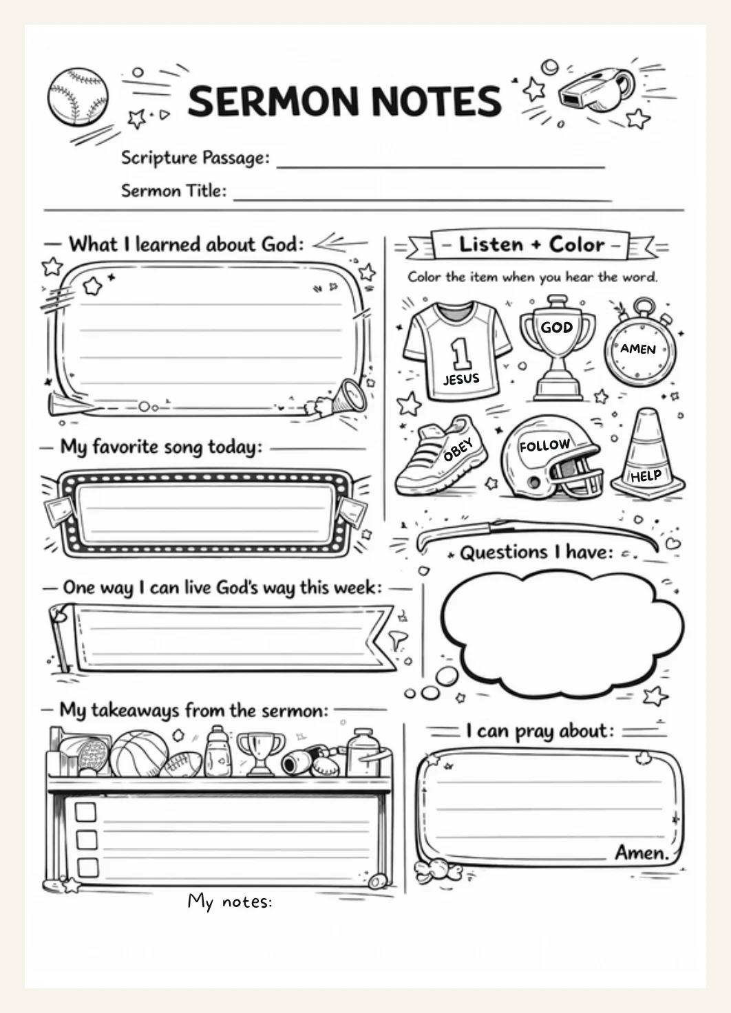 Kids Sermon Notes Worksheet | Sports Theme Bible Activity (PDF Download) — Kids Sermon Notes Worksheet Bible Study Actual Buyer Preview 3