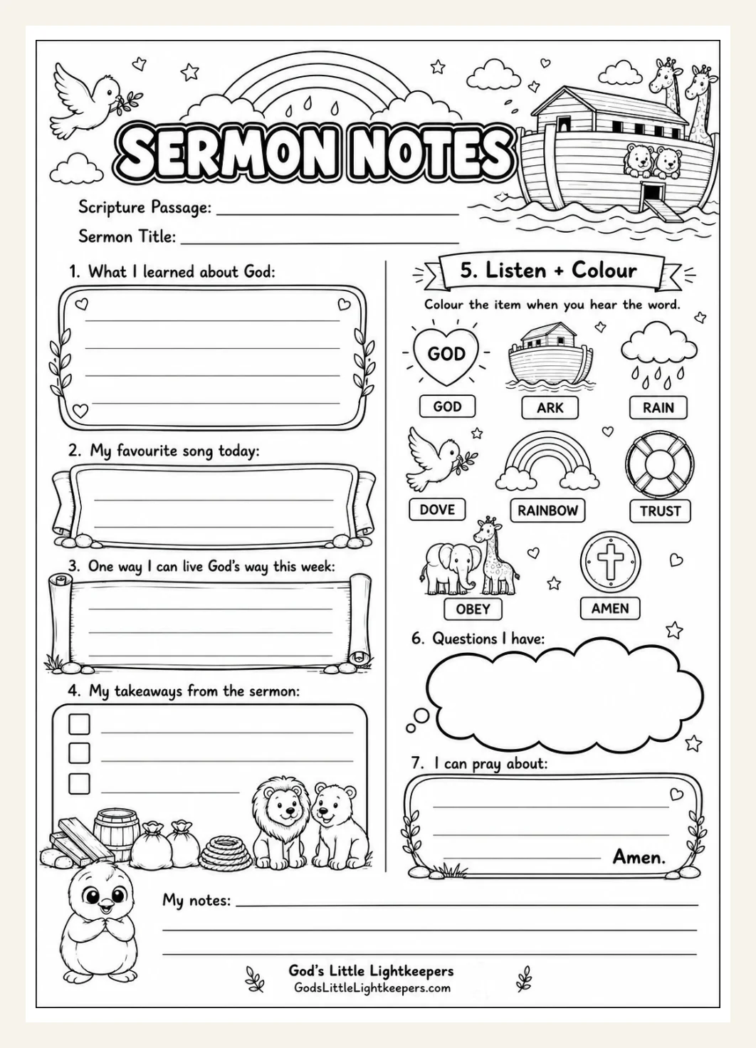 Noah's Ark Kids Sermon Notes Worksheet | Bible Study Activity (PDF Download) — Preview page 2