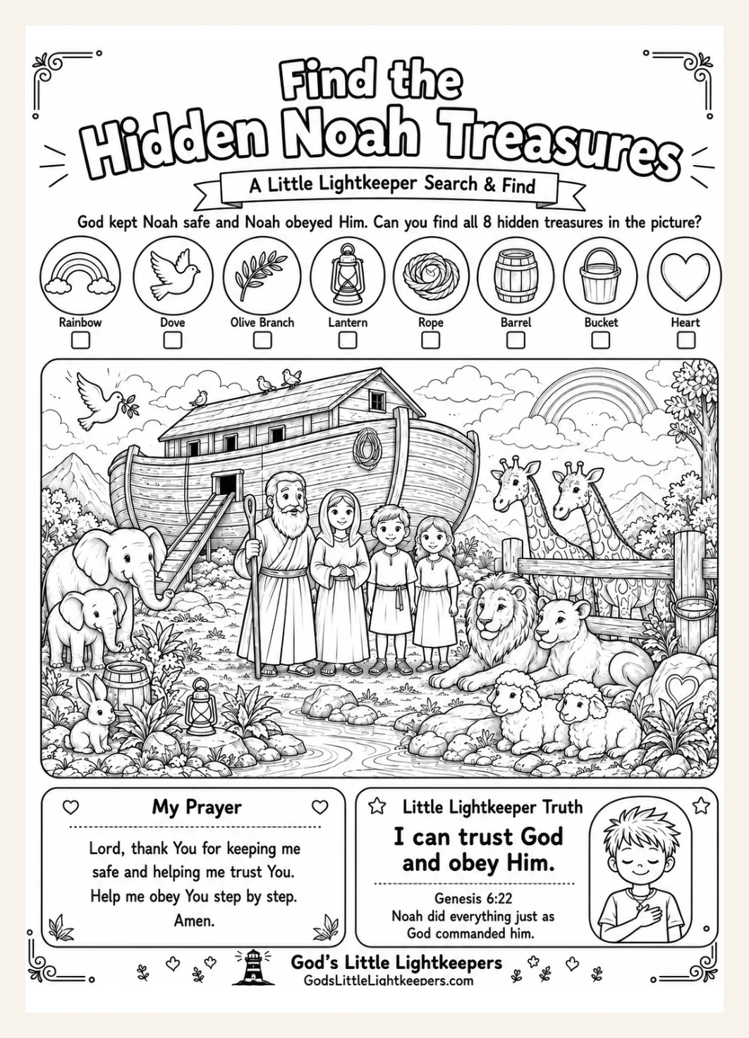 Noah’s Ark Seek and Find Printable | Bible I Spy Activity for Kids | Hidden Object Sunday School Worksheet | VBS | Christian Coloring Page — Preview page 1