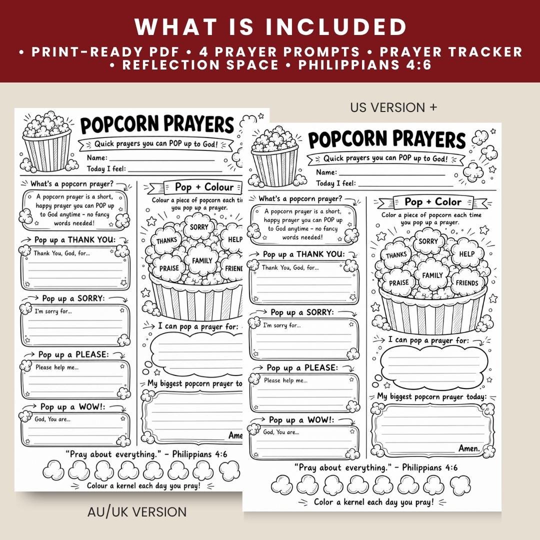 Kids Popcorn Prayer Worksheet, Teach Prayer Activity, Sunday School Printable (PDF Download) — Popcorn Prayer Worksheet For Kids No 1