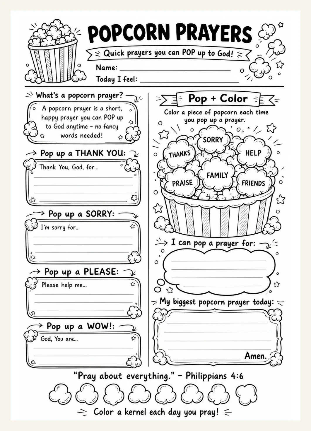 Kids Popcorn Prayer Worksheet, Teach Prayer Activity, Sunday School Printable (PDF Download) — Preview page 2